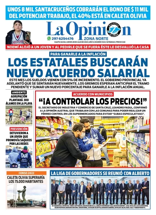 Diario La Opinión Zona Norte tapa edición impresa del jueves 28 de julio de 2022 Caleta Olivia, Santa Cruz, Argentina
