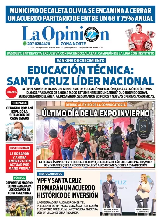 Diario La Opinión Zona Norte tapa edición impresa del viernes 29 de julio de 2022 Caleta Olivia, Santa Cruz, Argentina