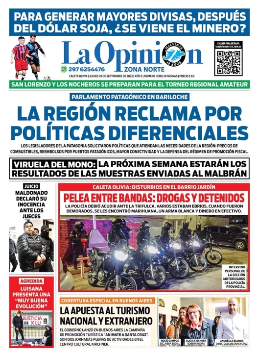 Diario La Opinión Zona Norte tapa edición impresa del jueves 29 de septiembre de 2022 Caleta Olivia, Santa Cruz, Argentina