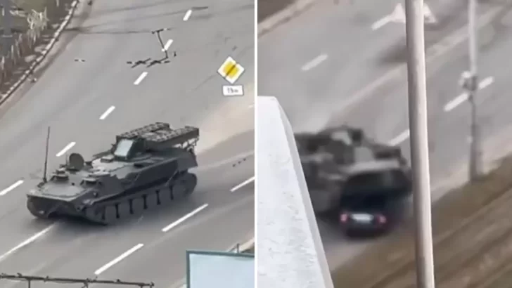 Video. Horror en Ucrania: un tanque ruso aplastó un auto que circulaba con un hombre adentro