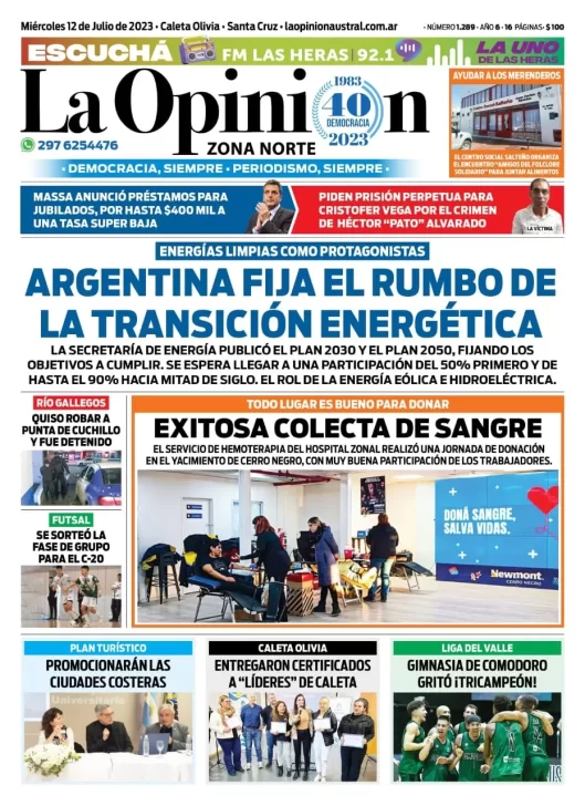 Diario La Opinión Zona Norte tapa edición impresa del miércoles 12 de julio de 2023, Caleta Olivia, Santa Cruz, Argentina