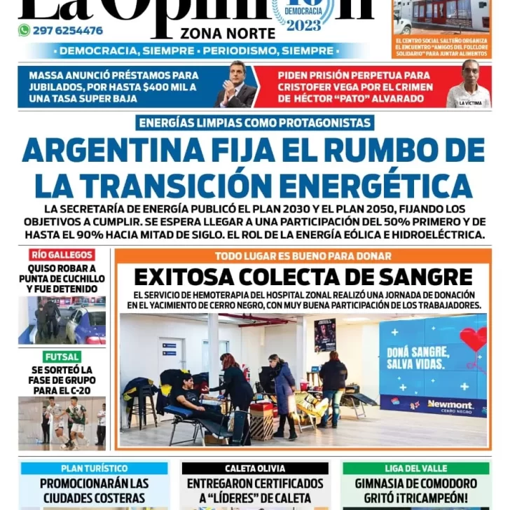 Diario La Opinión Zona Norte tapa edición impresa del miércoles 12 de julio de 2023, Caleta Olivia, Santa Cruz, Argentina