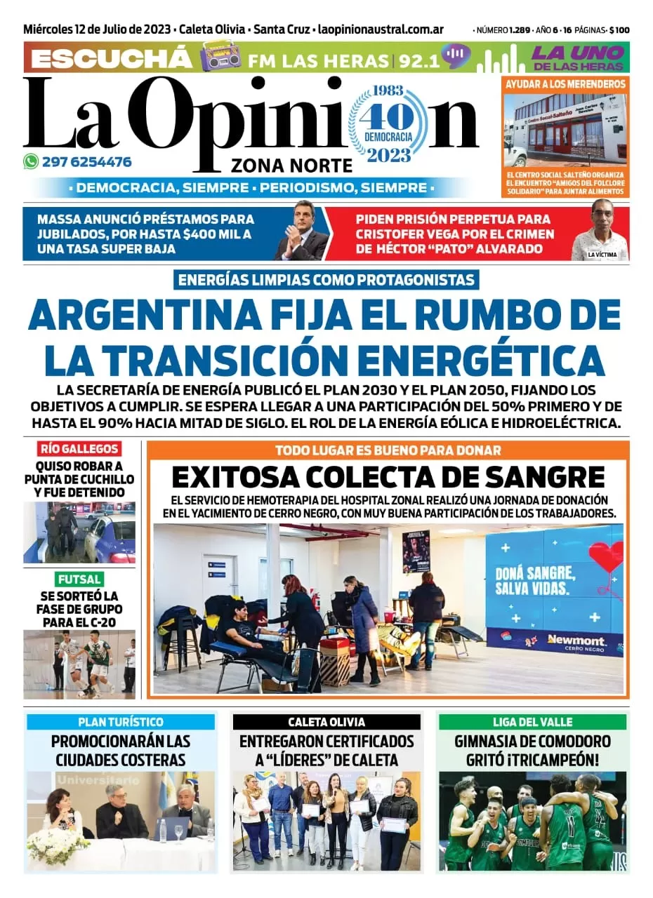 Diario La Opinión Zona Norte tapa edición impresa del miércoles 12 de julio de 2023, Caleta Olivia, Santa Cruz, Argentina