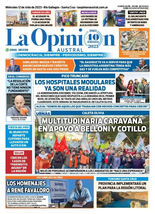 Diario La Opinión Austral tapa edición impresa del miércoles 12 de julio de 2023, Río Gallegos, Santa Cruz, Argentina