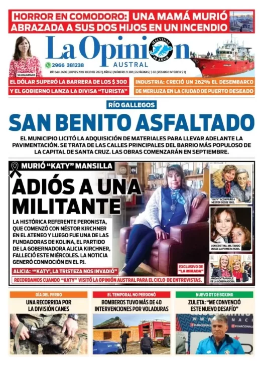 Diario La Opinión Austral tapa edición impresa del jueves 21 de julio de 2022 Río Gallegos, Santa Cruz, Argentina