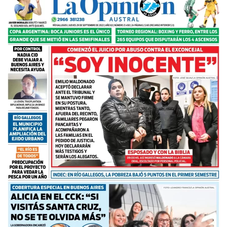 Diario La Opinión Austral tapa edición impresa del jueves 29 de septiembre de 2022 Río Gallegos, Santa Cruz, Argentina