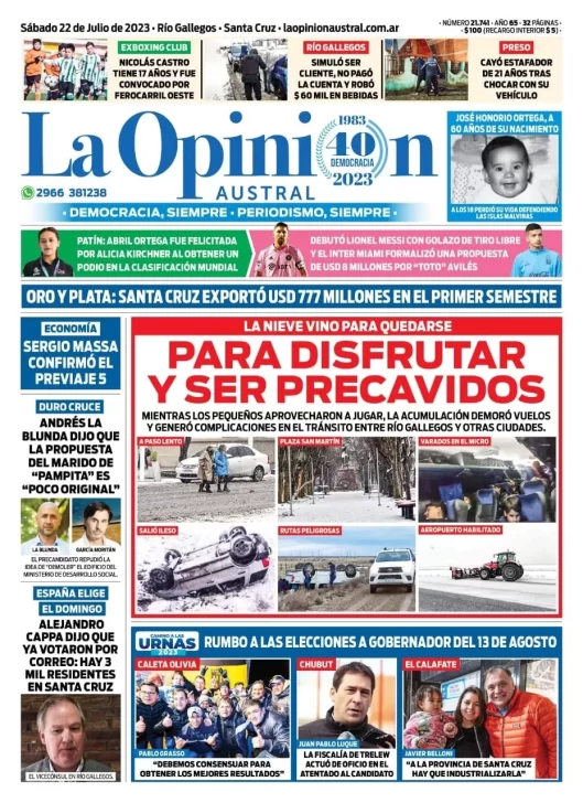 Diario La Opinión Austral tapa edición impresa del sábado 22 de julio de 2023, Río Gallegos, Santa Cruz, Argentina