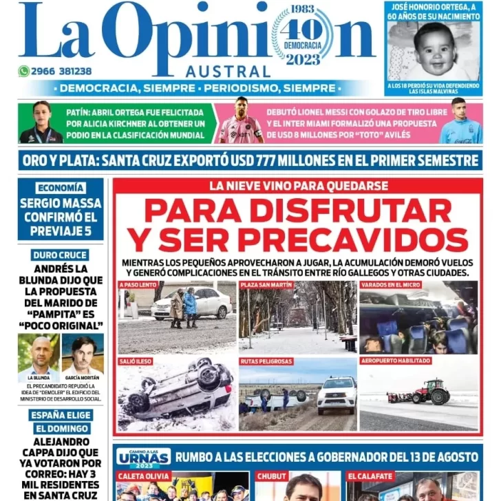 Diario La Opinión Austral tapa edición impresa del sábado 22 de julio de 2023, Río Gallegos, Santa Cruz, Argentina