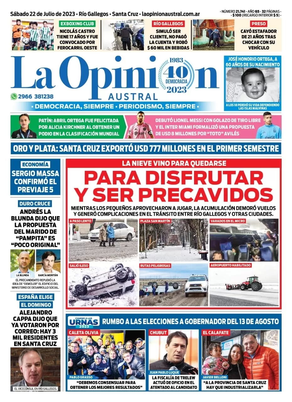 Diario La Opinión Austral tapa edición impresa del sábado 22 de julio de 2023, Río Gallegos, Santa Cruz, Argentina