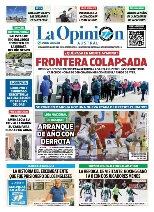 Diario La Opinión Austral tapa edición impresa del 10 de enero de 2022 Río Gallegos, Santa Cruz, Argentina