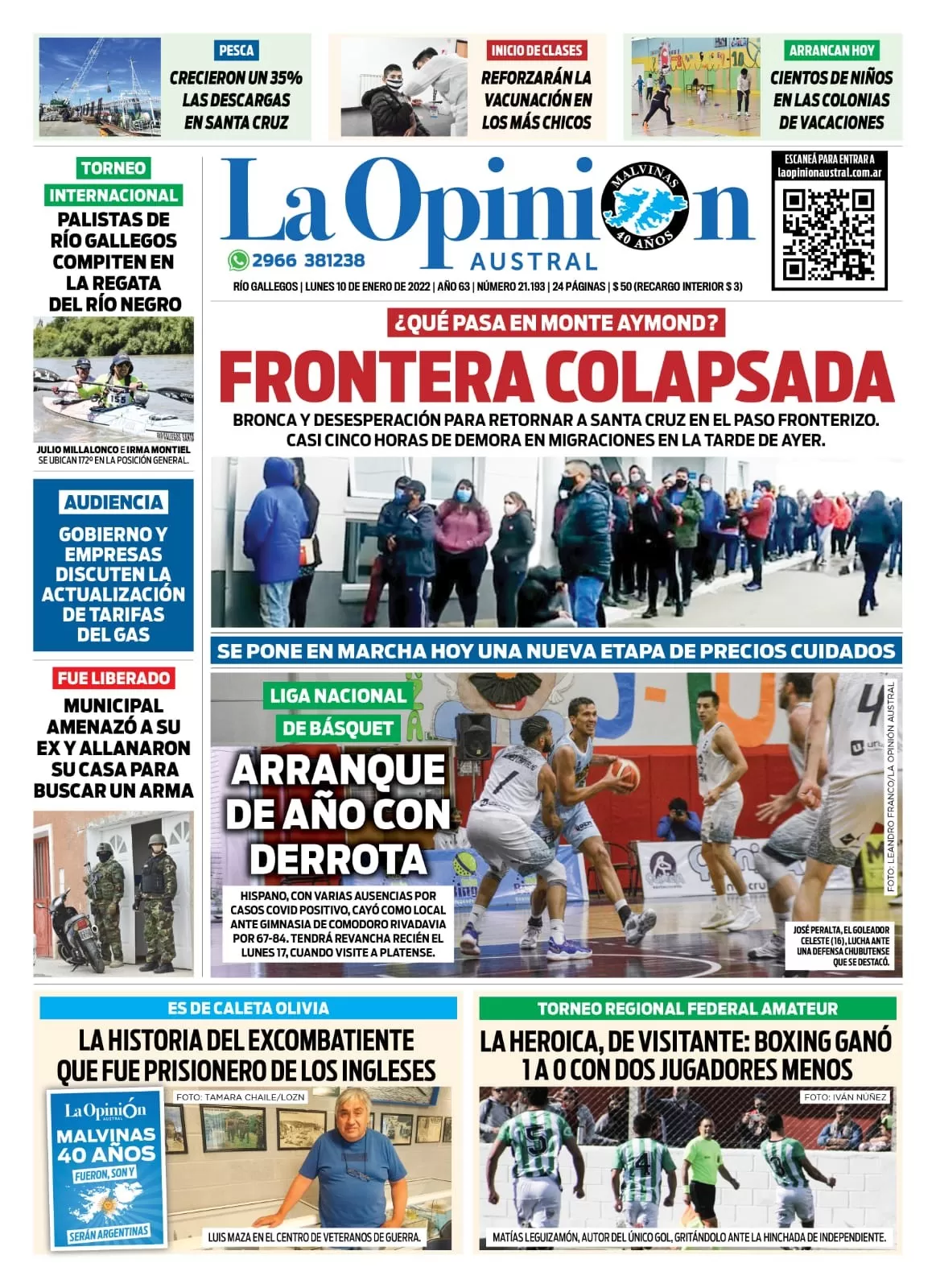 Diario La Opinión Austral tapa edición impresa del 10 de enero de 2022 Río Gallegos, Santa Cruz, Argentina