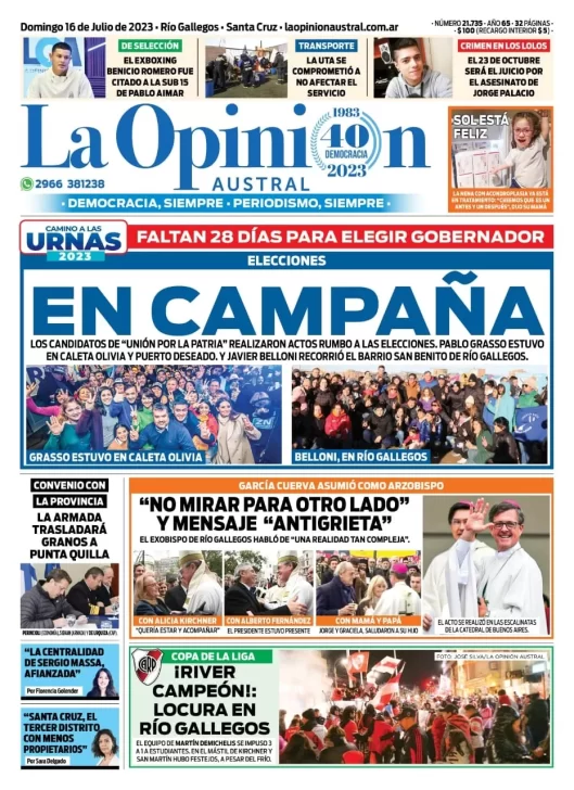 Diario La Opinión Austral tapa edición impresa del domingo 16 de julio de 2023, Río Gallegos, Santa Cruz, Argentina