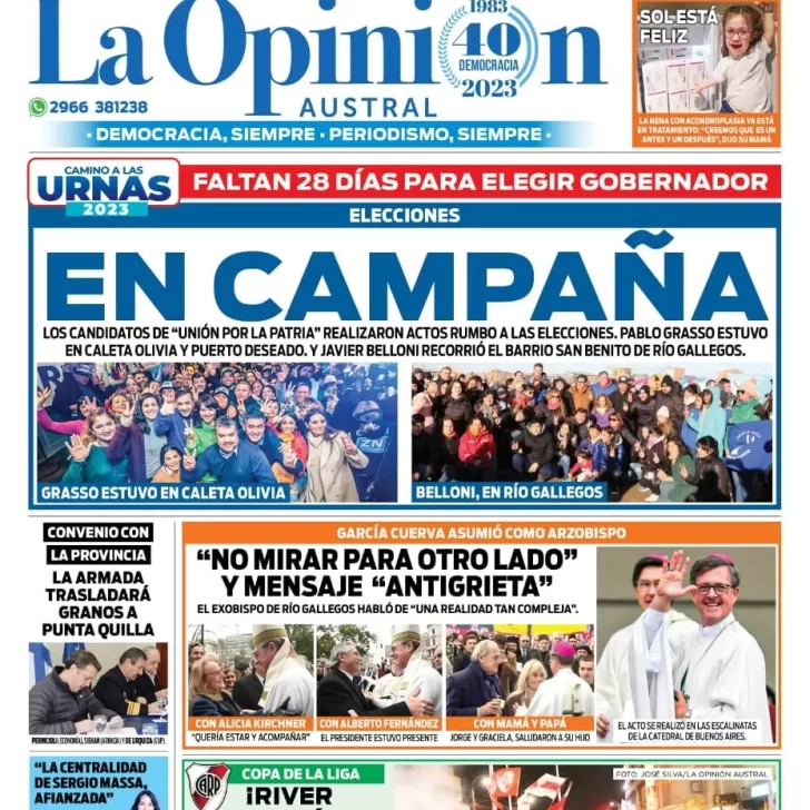 Diario La Opinión Austral tapa edición impresa del domingo 16 de julio de 2023, Río Gallegos, Santa Cruz, Argentina