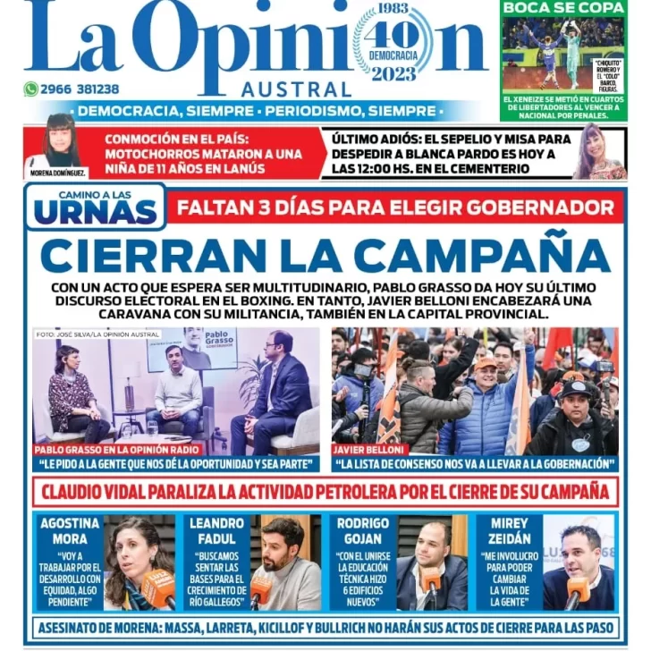 Diario La Opinión Austral tapa edición impresa del jueves 10 de agosto de 2023, Río Gallegos, Santa Cruz, Argentina