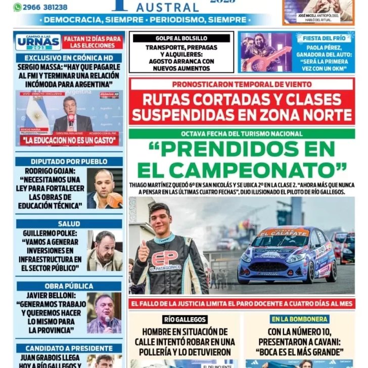 Diario La Opinión Austral tapa edición impresa del martes 1 de agosto de 2023, Río Gallegos, Santa Cruz, Argentina