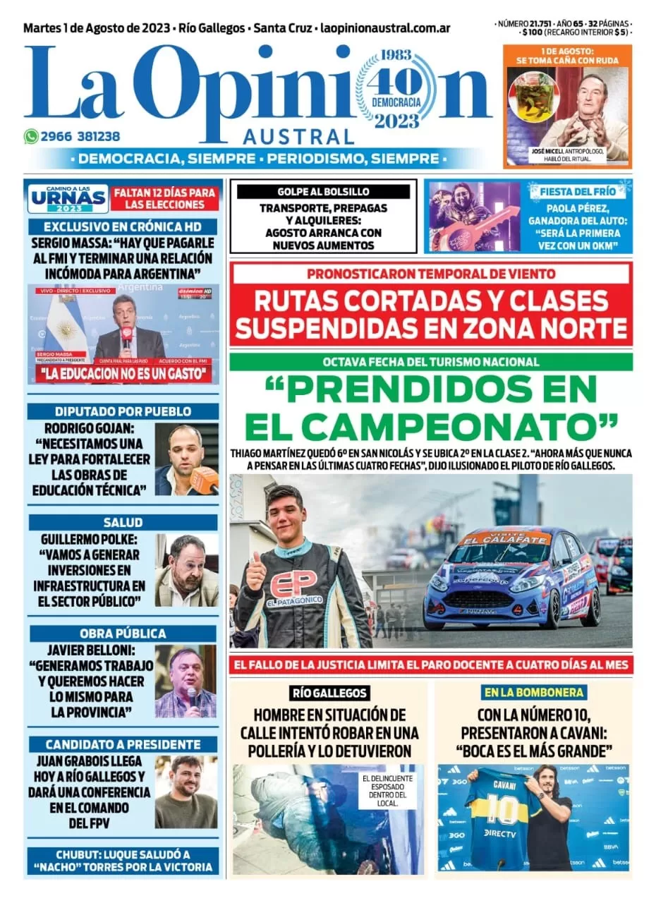 Diario La Opinión Austral tapa edición impresa del martes 1 de agosto de 2023, Río Gallegos, Santa Cruz, Argentina