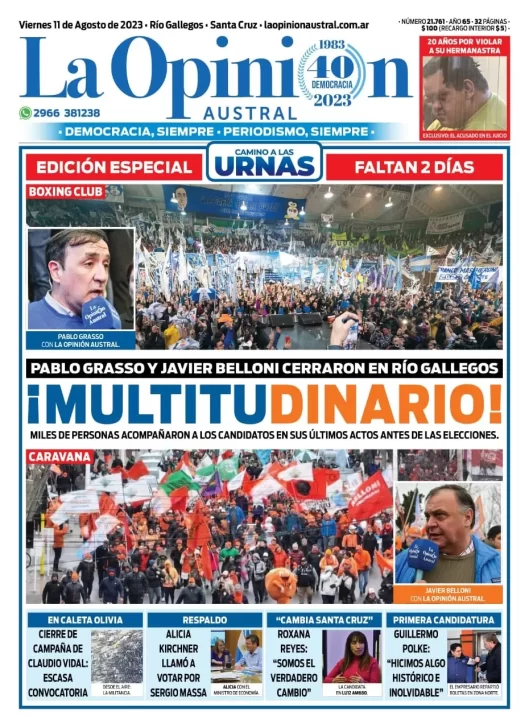 Diario La Opinión Austral tapa edición impresa del viernes 11 de agosto de 2023, Río Gallegos, Santa Cruz, Argentina