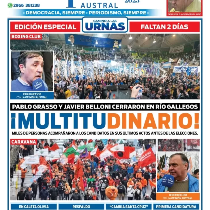 Diario La Opinión Austral tapa edición impresa del viernes 11 de agosto de 2023, Río Gallegos, Santa Cruz, Argentina