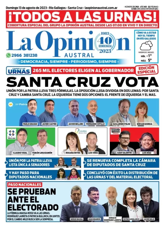 Diario La Opinión Austral tapa edición impresa del domingo 13 de agosto de 2023, Río Gallegos, Santa Cruz, Argentina