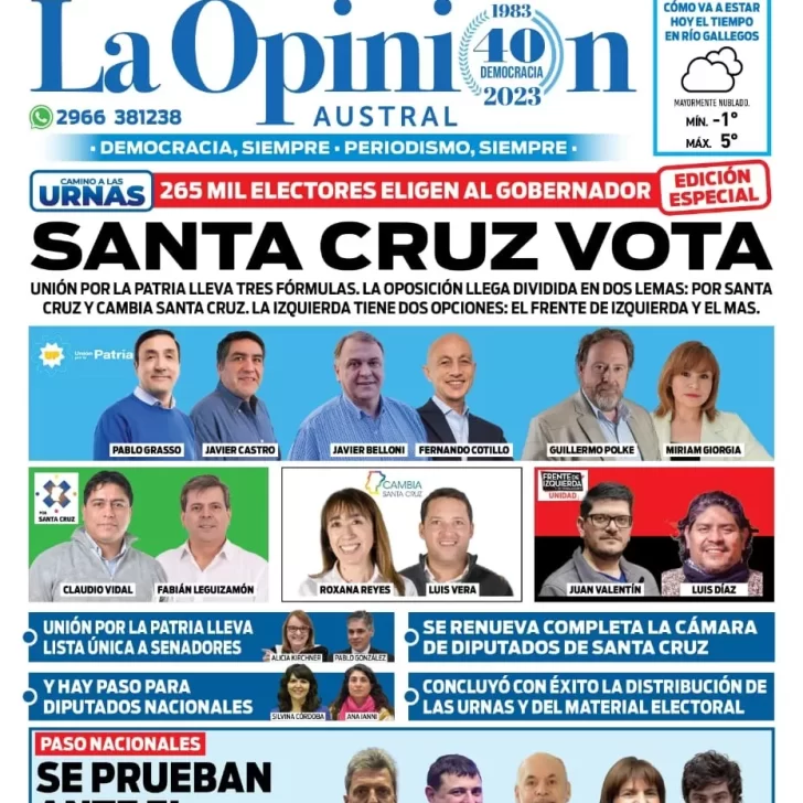 Diario La Opinión Austral tapa edición impresa del domingo 13 de agosto de 2023, Río Gallegos, Santa Cruz, Argentina