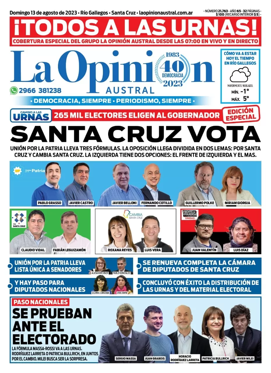 Diario La Opinión Austral tapa edición impresa del domingo 13 de agosto de 2023, Río Gallegos, Santa Cruz, Argentina