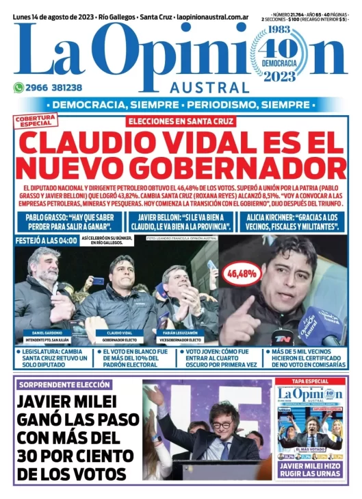 Diario La Opinión Austral tapa edición impresa del lunes 14 de agosto de 2023, Río Gallegos, Santa Cruz, Argentina