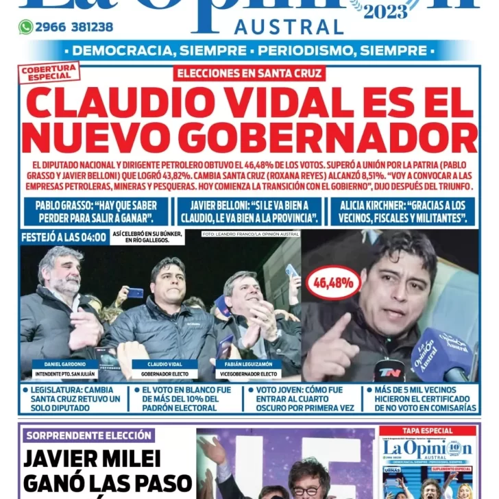 Diario La Opinión Austral tapa edición impresa del lunes 14 de agosto de 2023, Río Gallegos, Santa Cruz, Argentina