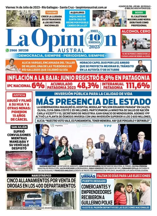 Diario La Opinión Austral tapa edición impresa del viernes 14 de julio de 2023, Río Gallegos, Santa Cruz, Argentina