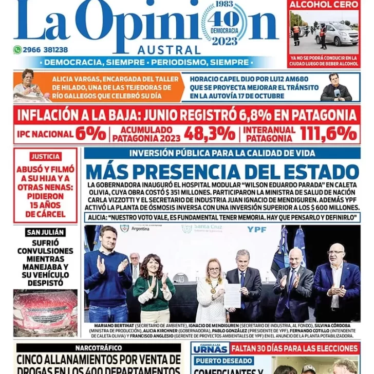 Diario La Opinión Austral tapa edición impresa del viernes 14 de julio de 2023, Río Gallegos, Santa Cruz, Argentina