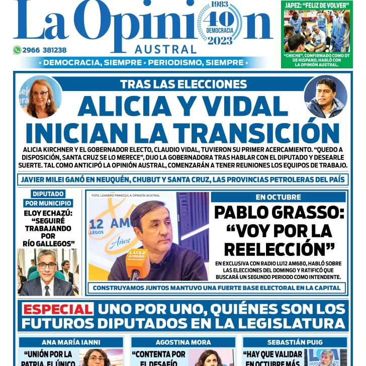 Diario La Opinión Austral tapa edición impresa del martes 15 de agosto de 2023, Río Gallegos, Santa Cruz, Argentina