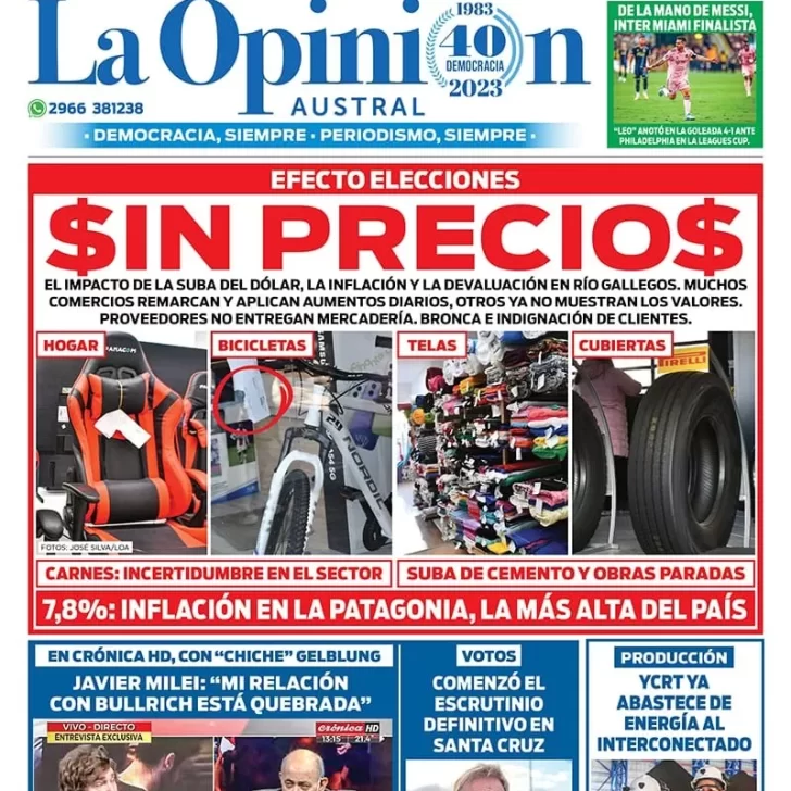 Diario La Opinión Austral tapa edición impresa del miércoles 16 de agosto de 2023, Río Gallegos, Santa Cruz, Argentina