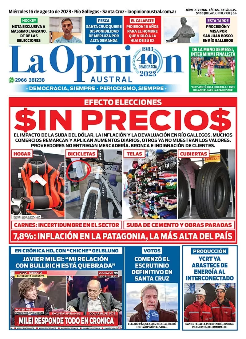 Diario La Opinión Austral tapa edición impresa del miércoles 16 de agosto de 2023, Río Gallegos, Santa Cruz, Argentina