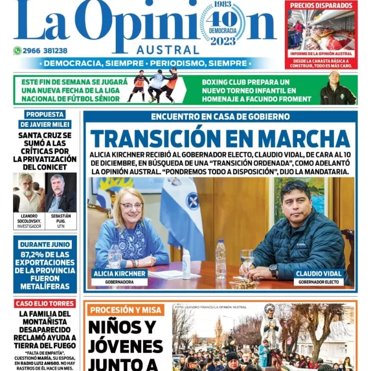 Diario La Opinión Austral tapa edición impresa del jueves 17 de agosto de 2023, Río Gallegos, Santa Cruz, Argentina