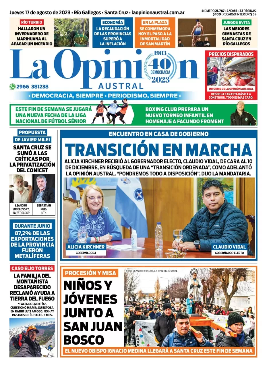 Diario La Opinión Austral tapa edición impresa del jueves 17 de agosto de 2023, Río Gallegos, Santa Cruz, Argentina