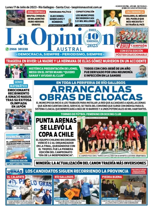 Diario La Opinión Austral tapa edición impresa del lunes 17 de julio de 2023, Río Gallegos, Santa Cruz, Argentina