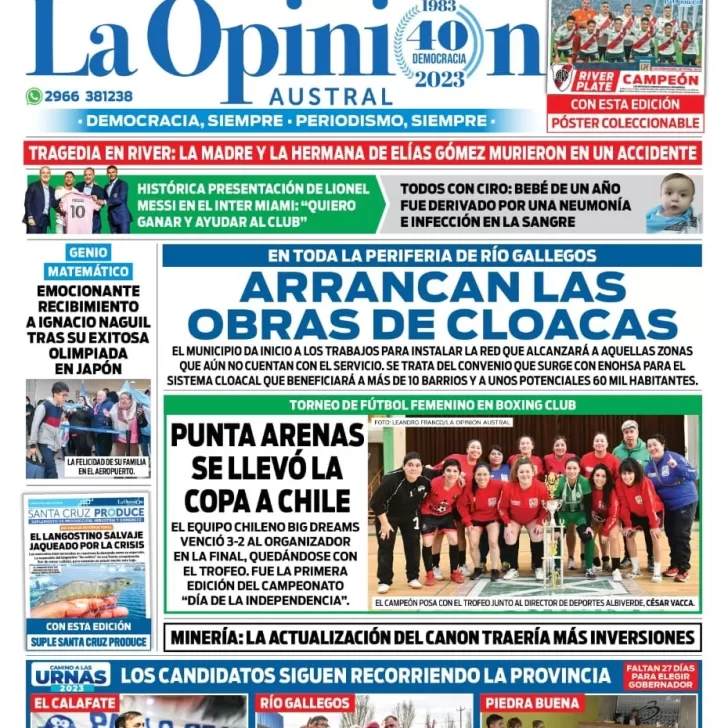 Diario La Opinión Austral tapa edición impresa del lunes 17 de julio de 2023, Río Gallegos, Santa Cruz, Argentina