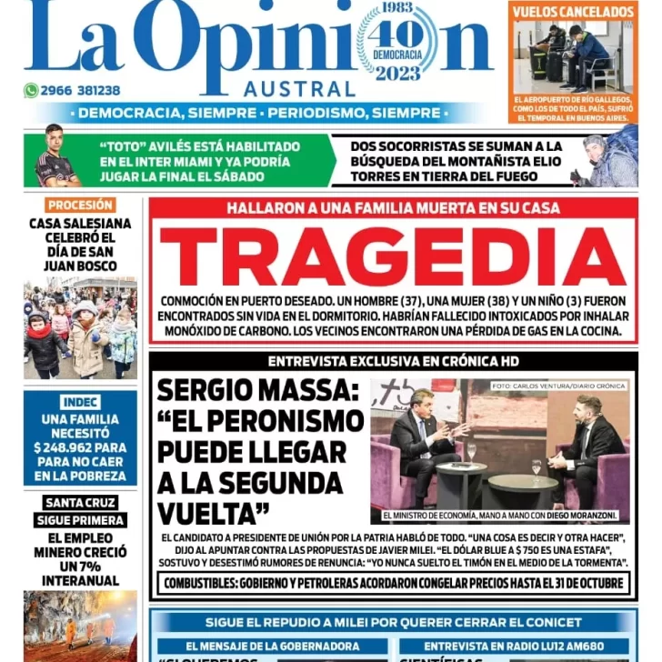 Diario La Opinión Austral tapa edición impresa del viernes 18 de agosto de 2023, Río Gallegos, Santa Cruz, Argentina