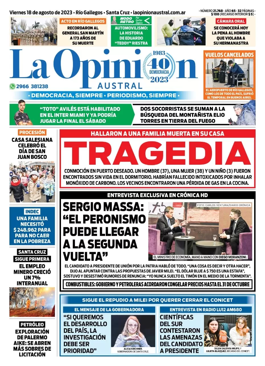 Diario La Opinión Austral tapa edición impresa del viernes 18 de agosto de 2023, Río Gallegos, Santa Cruz, Argentina