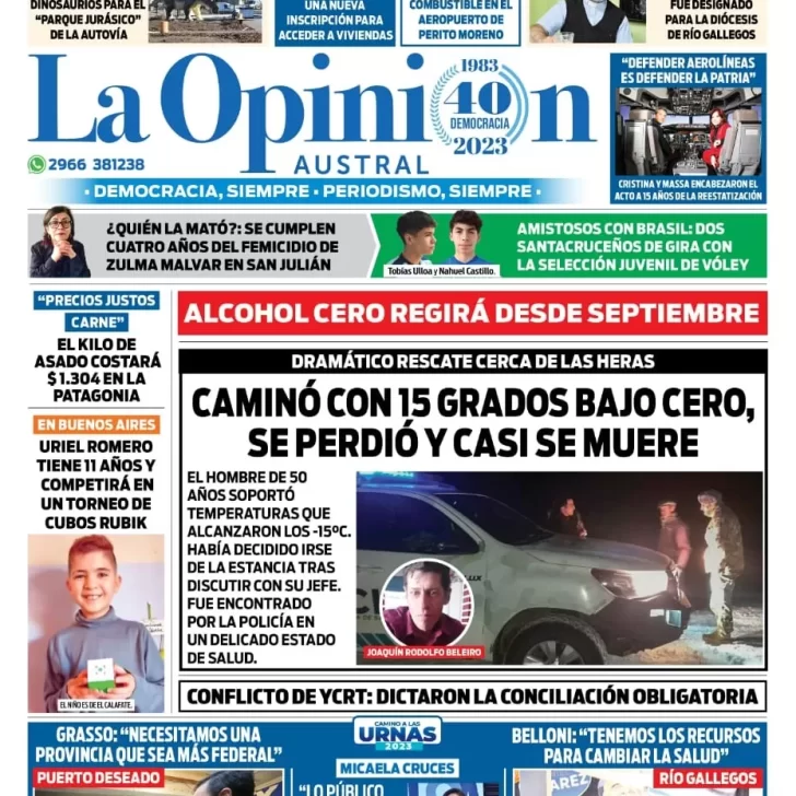 Diario La Opinión Austral tapa edición impresa del martes 18 de julio de 2023, Río Gallegos, Santa Cruz, Argentina