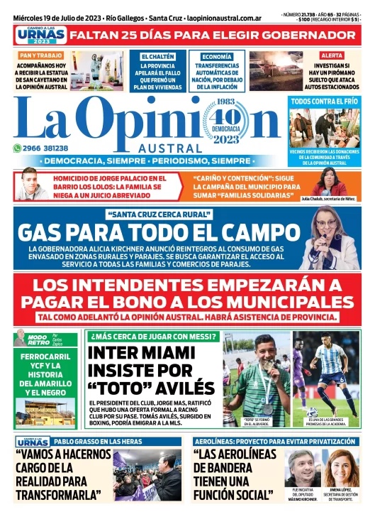 Diario La Opinión Austral tapa edición impresa del miércoles 19 de julio de 2023, Río Gallegos, Santa Cruz, Argentina