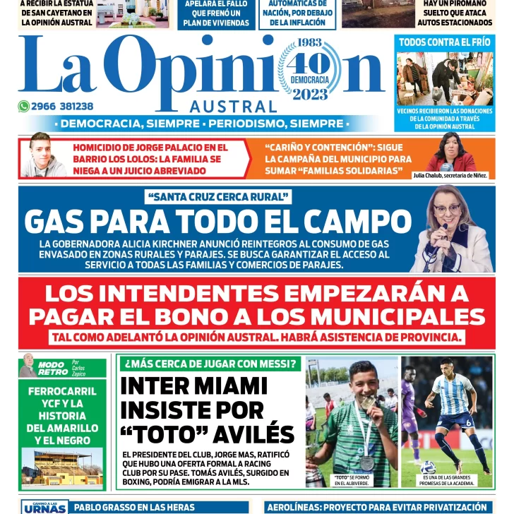 Diario La Opinión Austral tapa edición impresa del miércoles 19 de julio de 2023, Río Gallegos, Santa Cruz, Argentina