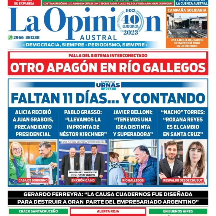 Diario La Opinión Austral tapa edición impresa del miércoles 2 de agosto de 2023, Río Gallegos, Santa Cruz, Argentina