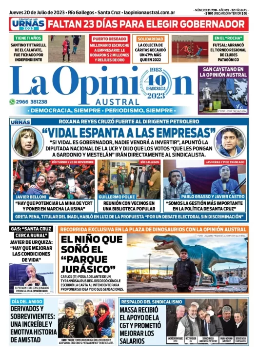 Diario La Opinión Austral tapa edición impresa del jueves 20 de julio de 2023, Río Gallegos, Santa Cruz, Argentina