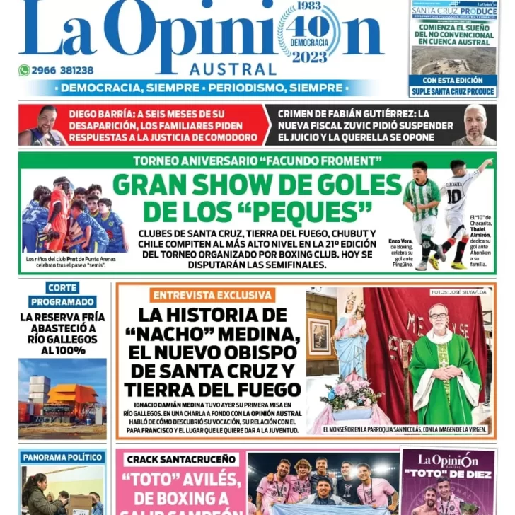 Diario La Opinión Austral tapa edición impresa del lunes 21 de agosto de 2023, Río Gallegos, Santa Cruz, Argentina