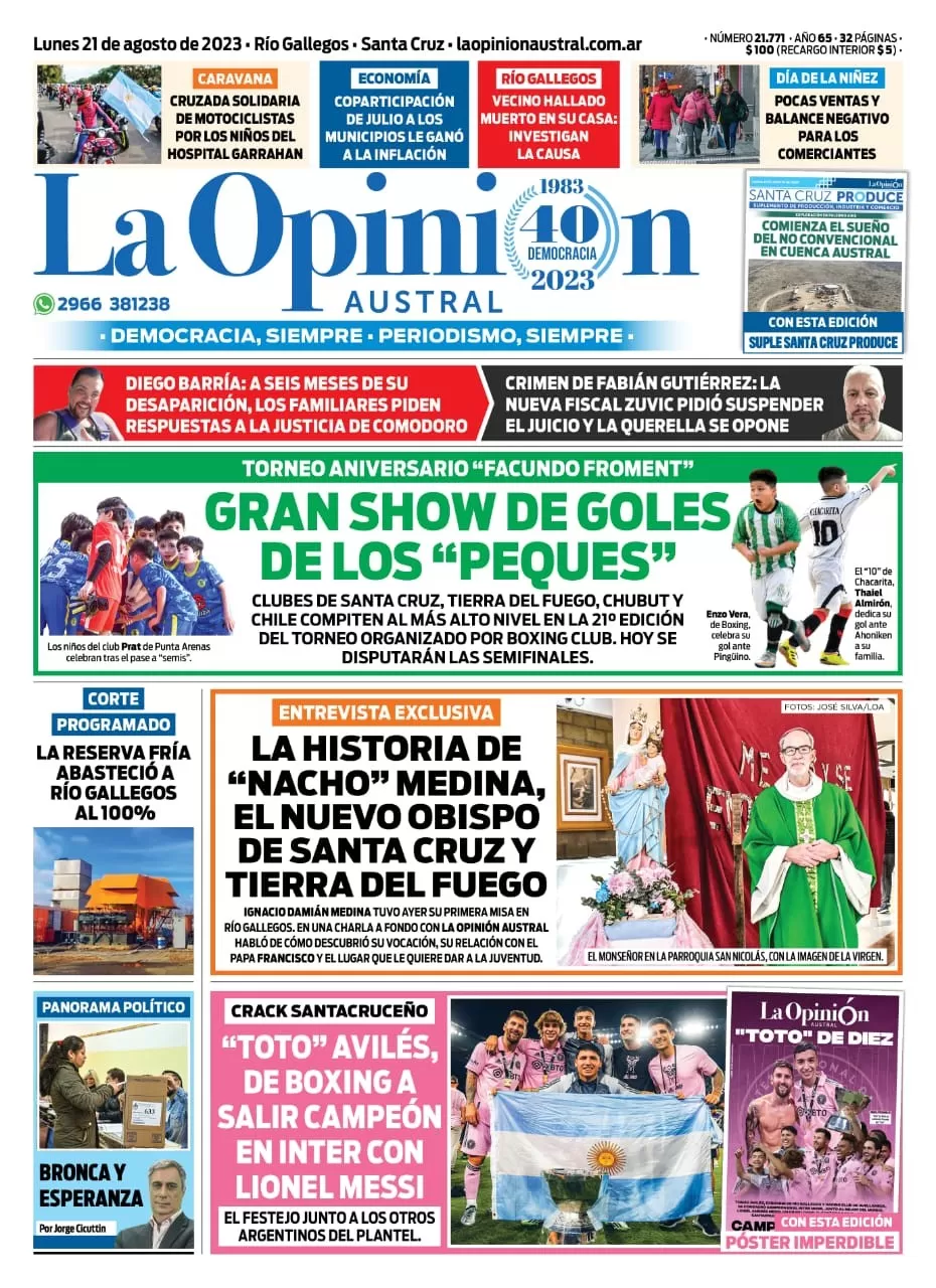 Diario La Opinión Austral tapa edición impresa del lunes 21 de agosto de 2023, Río Gallegos, Santa Cruz, Argentina