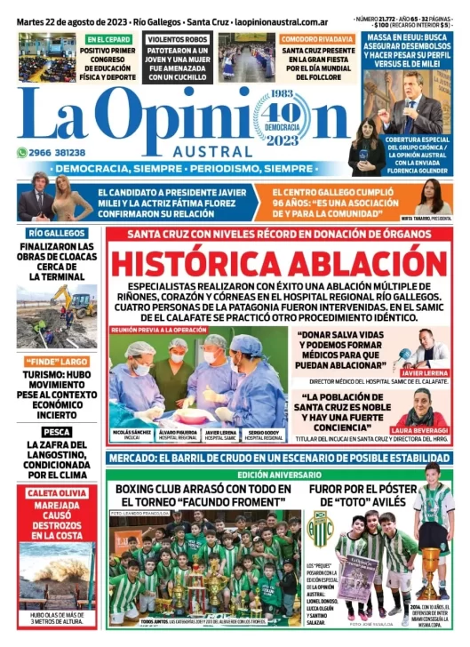 Diario La Opinión Austral tapa edición impresa del martes 22 de agosto de 2023, Río Gallegos, Santa Cruz, Argentina