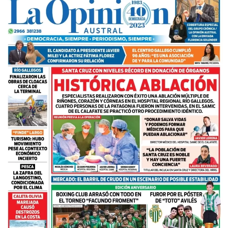 Diario La Opinión Austral tapa edición impresa del martes 22 de agosto de 2023, Río Gallegos, Santa Cruz, Argentina