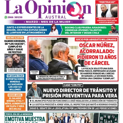 Diario La Opinión Austral tapa edición impresa del miércoles 22 de marzo de 2023 Río Gallegos, Santa Cruz, Argentina