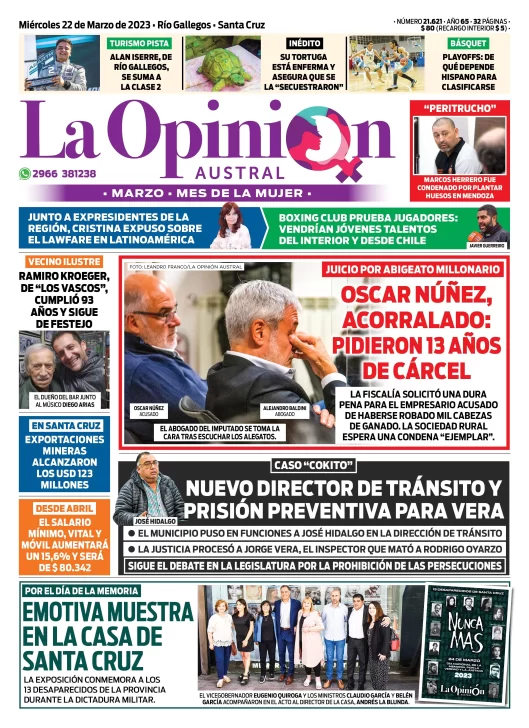 Diario La Opinión Austral tapa edición impresa del miércoles 22 de marzo de 2023 Río Gallegos, Santa Cruz, Argentina