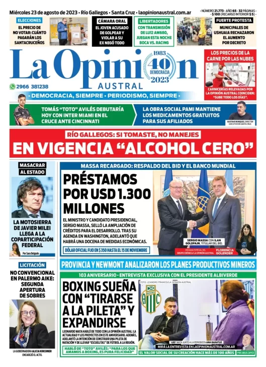 Diario La Opinión Austral tapa edición impresa del miércoles 23 de agosto de 2023, Río Gallegos, Santa Cruz, Argentina